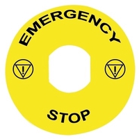 Märgitud legend, Harmony XB4, plastik, kollane, 90mm, hädaseiskamiseks, märgistatud EMERGENCY STOP logoga ISO13851