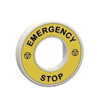 Illuminated marked legend ring, Harmony XB5, 60mm, plastic, yellow, red fixed integral LED, marked EMERGENCY STOP, 230...240V AC