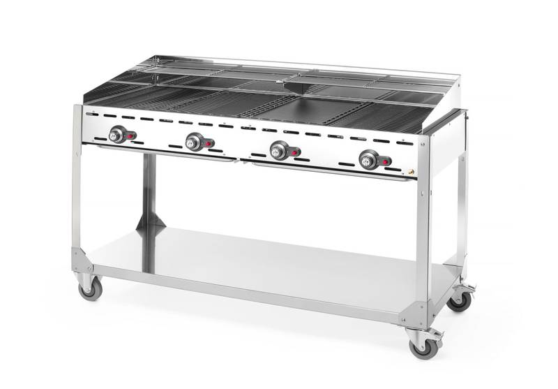 Dujinis grilis Green Fire 4-degiklių HENDI Profi Line ant ratukinio stovo šviesiai pilkas 22kW 1400×612×825mm