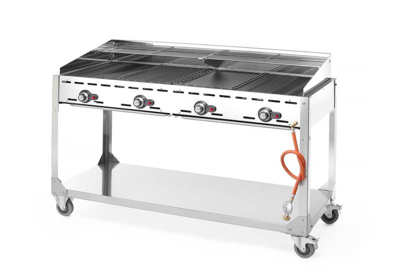 Dujinis grilis Green Fire 4-degiklių HENDI Profi Line ant ratukinio stovo šviesiai pilkas 22kW 1400×612×825mm