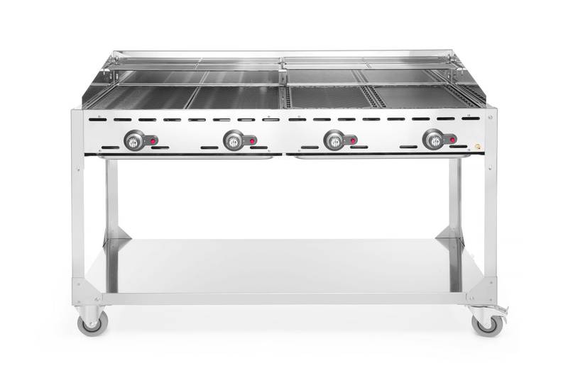 Dujinis grilis Green Fire 4-degiklių HENDI Profi Line ant ratukinio stovo šviesiai pilkas 22kW 1400×612×825mm