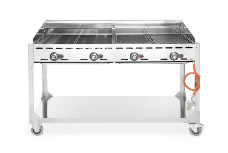 Dujinis grilis Green Fire 4-degiklių HENDI Profi Line ant ratukinio stovo šviesiai pilkas 22kW 1400×612×825mm