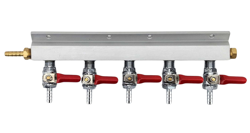 Gas manifold 5-way 1/4" with 6mm barbs