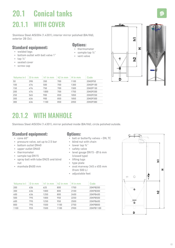 Conical tank 1100L with cooling jacket 60° cone