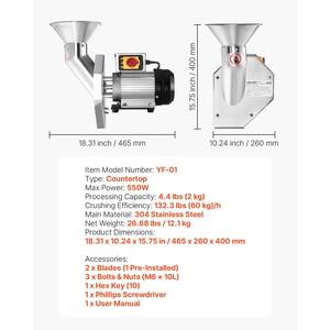 Smulkintuvas VEVOR YF-01 550W, nerūdijantis plienas (60 kg/h)