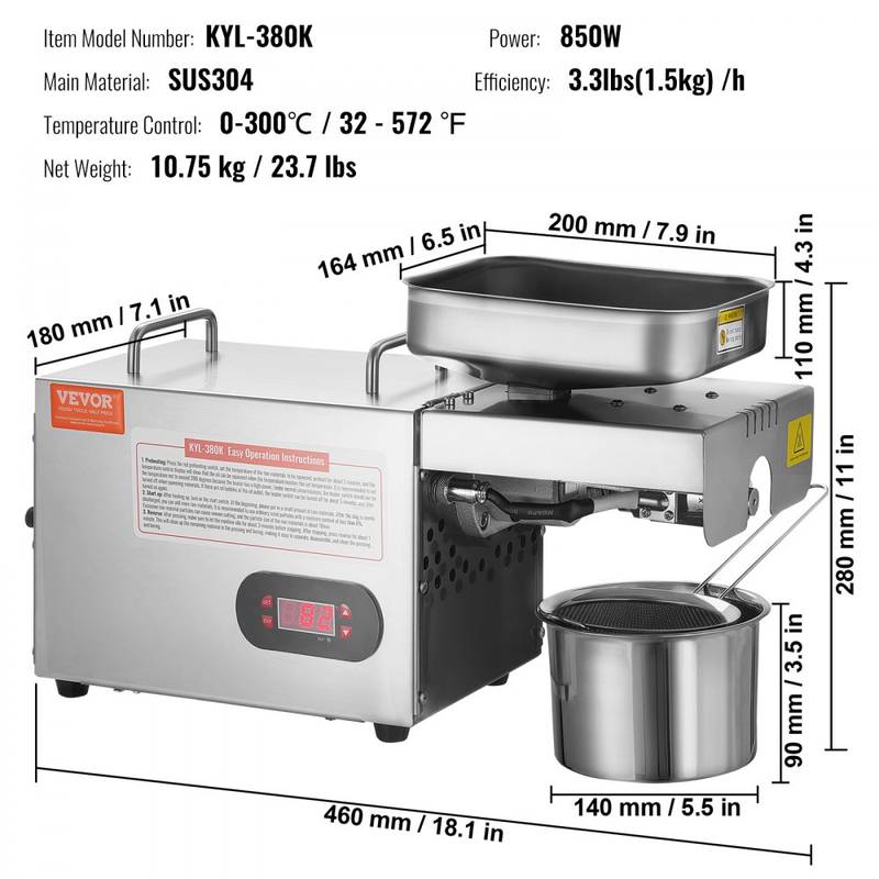 Öljypuristin Automaattinen Vevo 3-6kg/t 850W