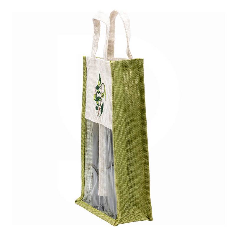 Presentpåse (5st) jute för 2 flaskor vin olivdesign