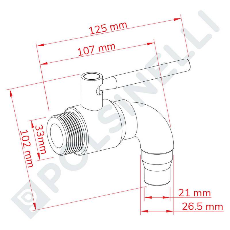 Ball valve 1" with long outlet stainless steel