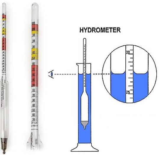 Hydrometer with 3 scales: density/sugar/alcohol