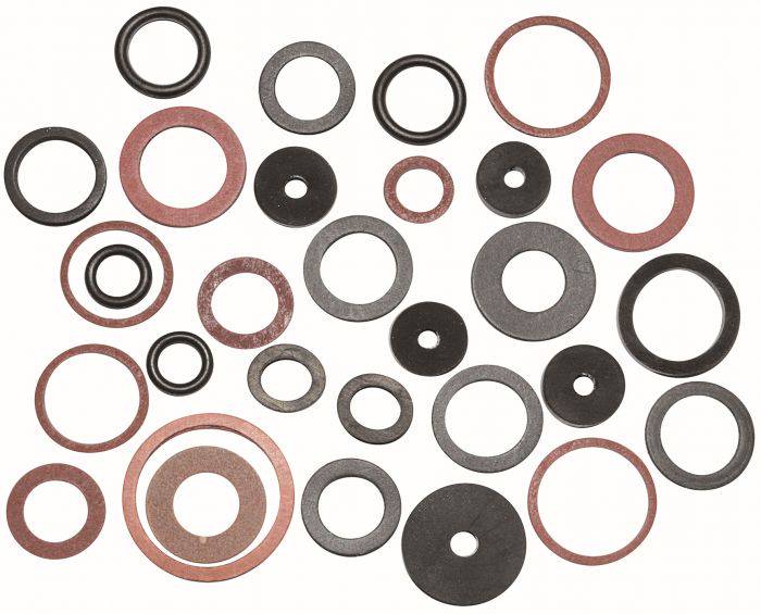 Tätningssortiment: ring, fiber, gummi, plast