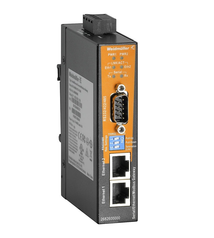 IE-CS-MBGW-2TX-1COM Serial/Ethernet converter and Modbus TCP/RTU gateway, Number of ports: 2x RJ45 10/100BASE-T(X), 1x DB9 male for RS-232/422/485, IP30, -40 °C...70 °C