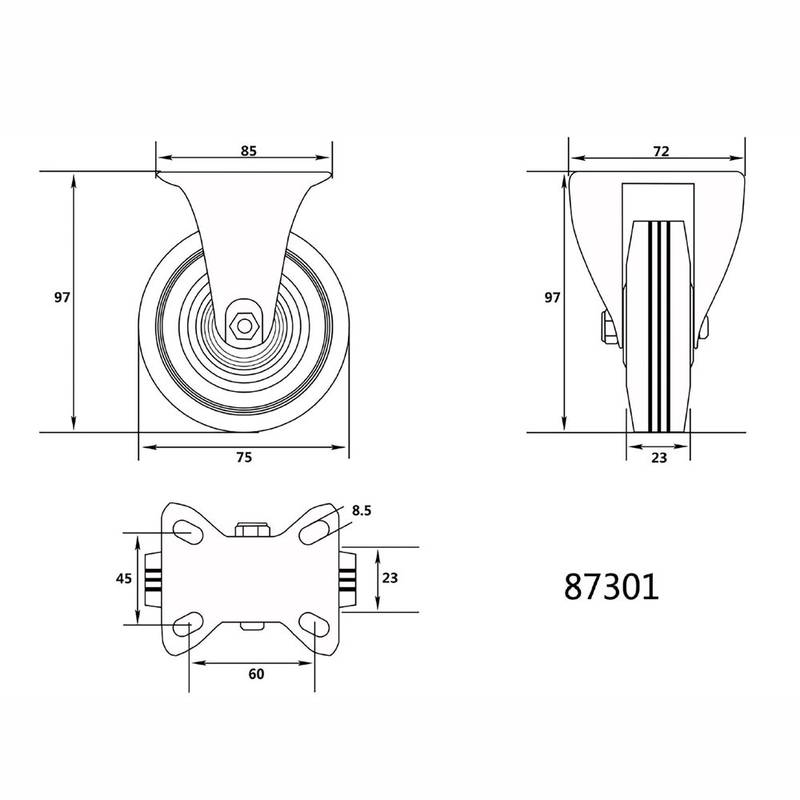 Fixed Caster W. Black Rubber 75mm