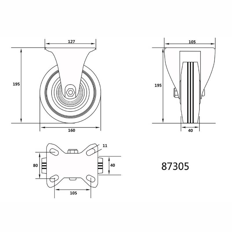 Fixed Caster W. Black Rubber 160mm