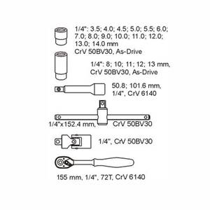 Tööriistakapi sisu - padrunvõtmete kmpl. 1/4" 25osa