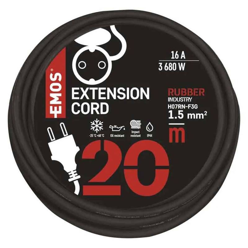 Extension Cord 20 m / 1 socket / black / rubber-neoprene / 250 V / 1.5 mm2