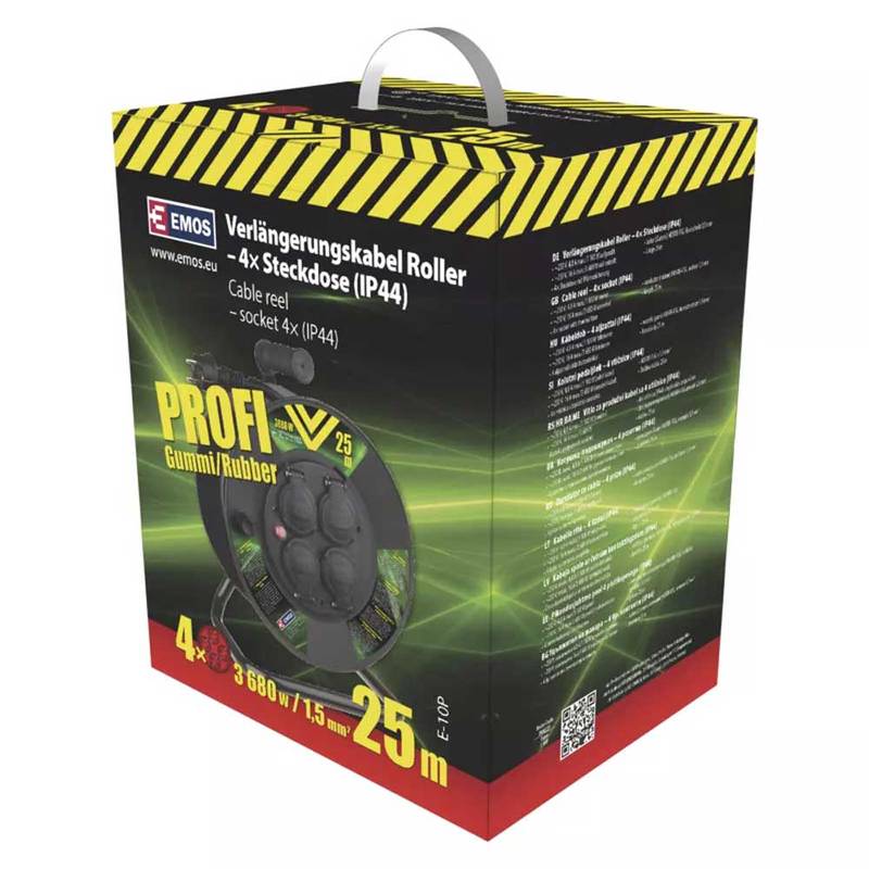 Rubber Extension Cord Reel – 4 sockets, 25m, 1,5mm²  SCHUKO