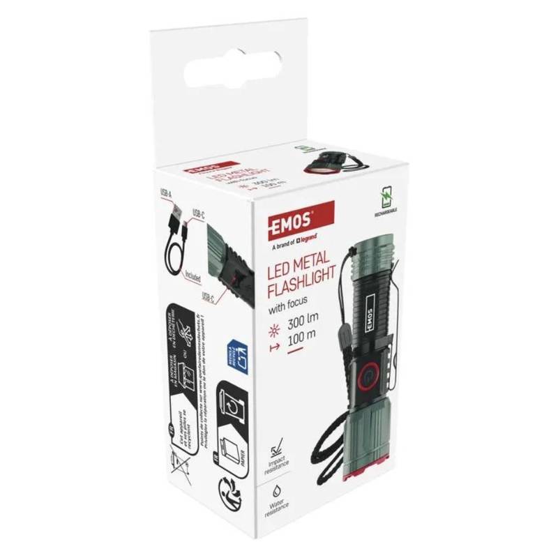 Rechargeable LED Flashlight, 300 lm, Focus, USB-C