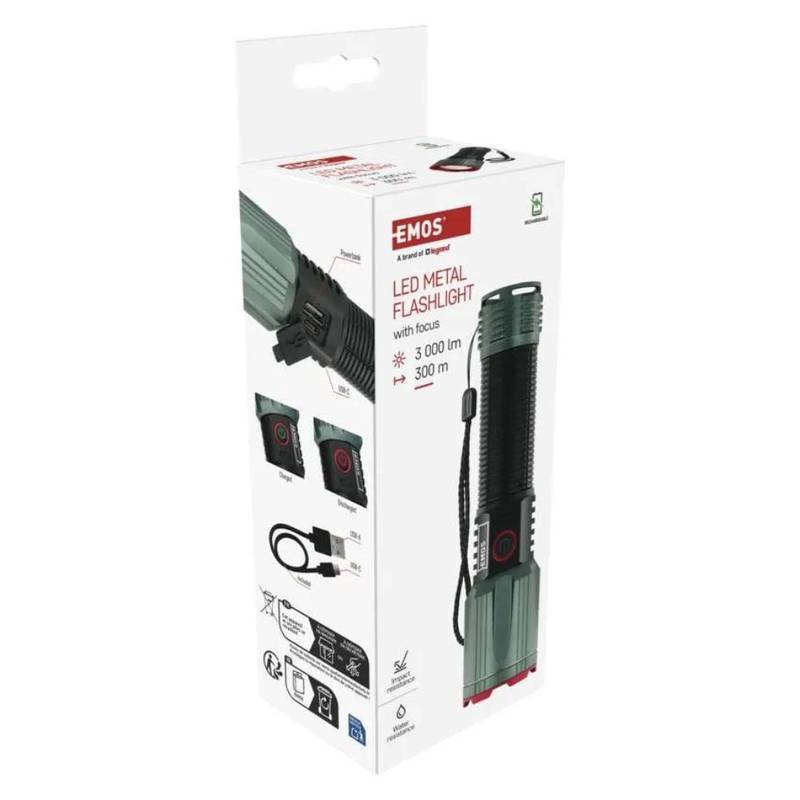 Laetav LED taskulamp, 3000 lm, akupangaga, USB-C
