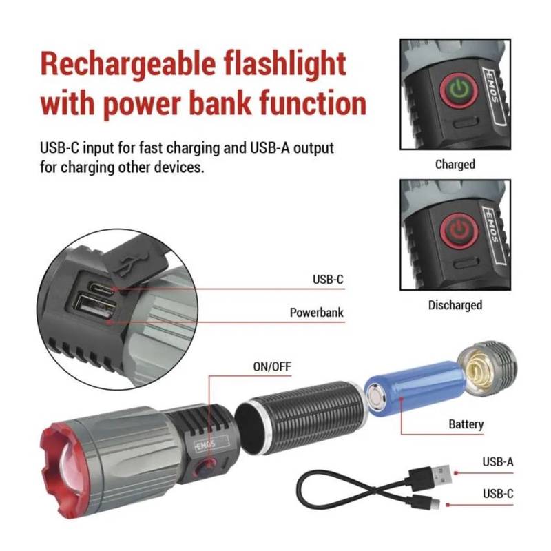 Laetav LED taskulamp, 3000 lm, akupangaga, USB-C