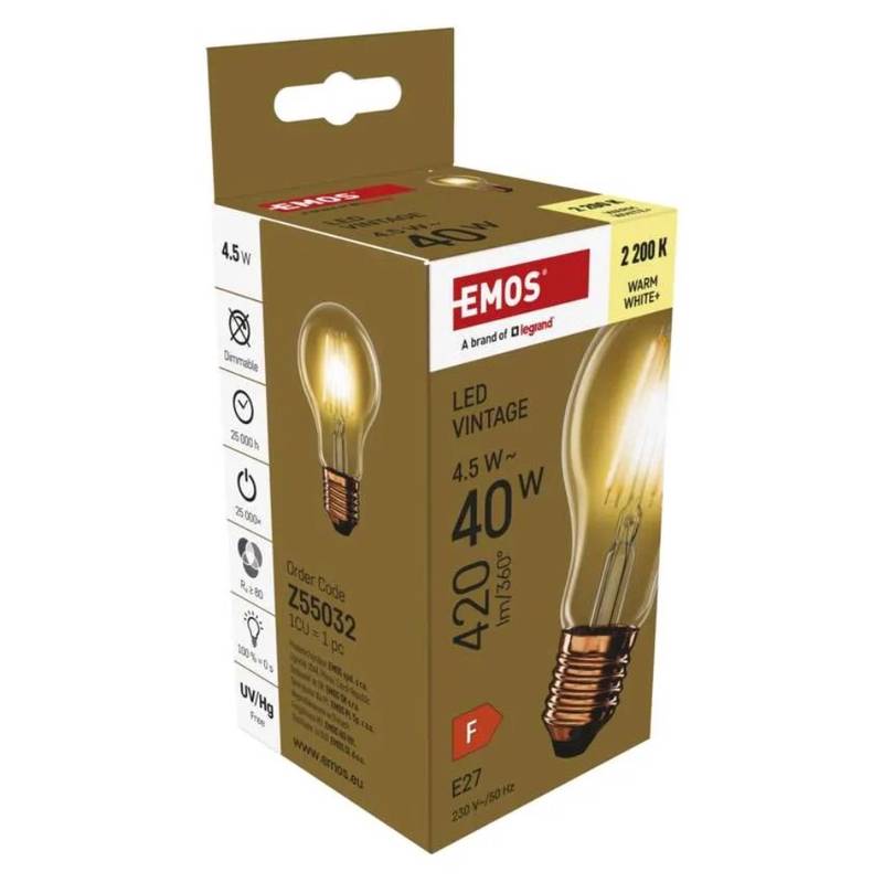 LED dekoratiivpirn VINTAGE A60 / E27, 4.5 W (40 W), 2200 K, kuldne klaas