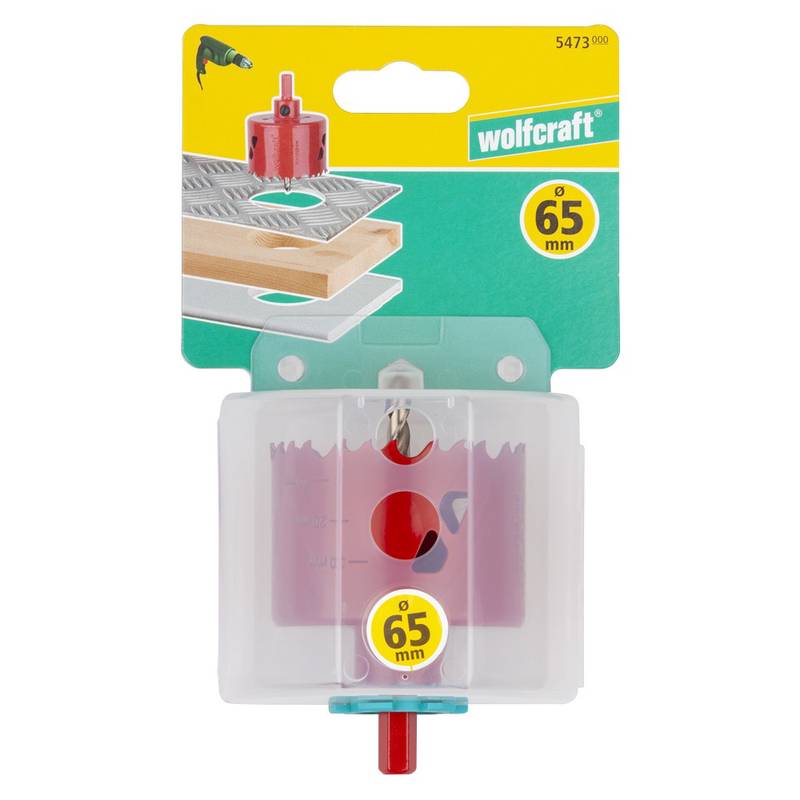 Bi-Metal Hole Saw  Ø 65 mm with hexagon adapter and centring drill, cutting depth 40 mm