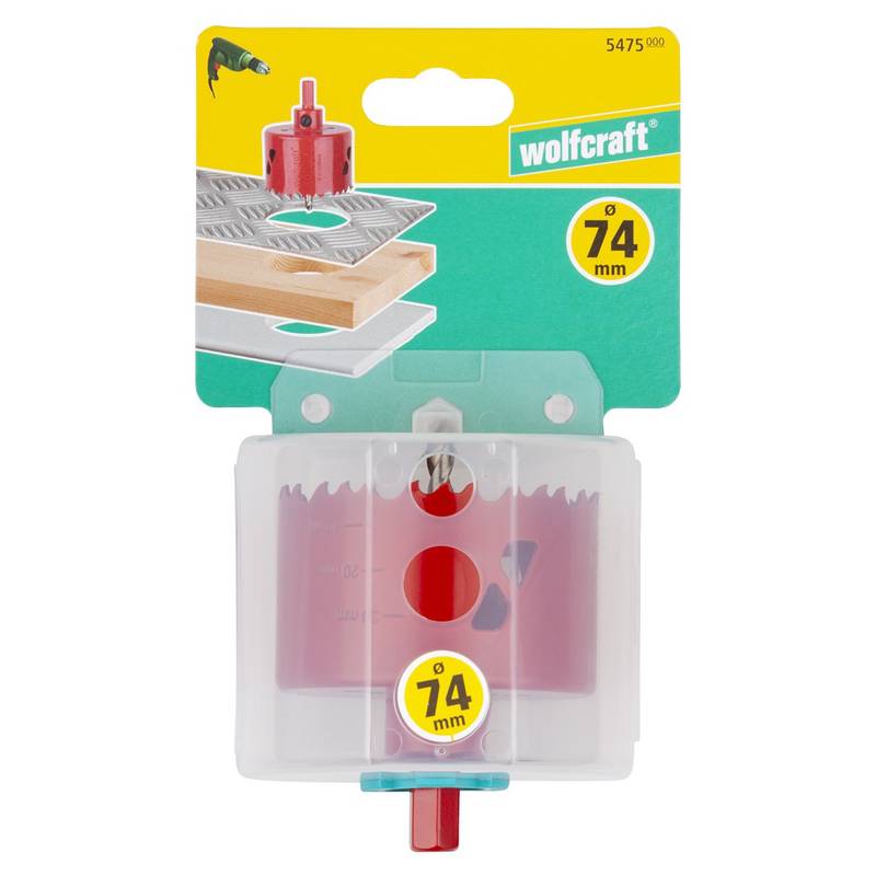 Bi-Metal Hole Saw  Ø 74 mm with hexagon adapter and centring drill, cutting depth 40 mm