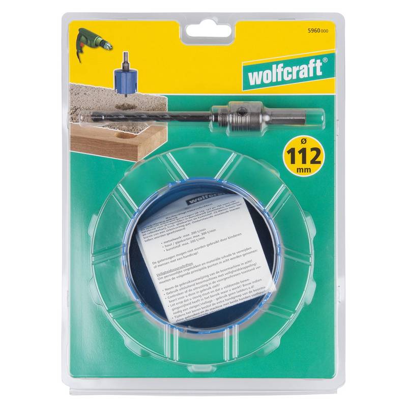 Universal hole saw Ø 112mm complete with hexagon shank and CT drill, cutting depth 60 mm