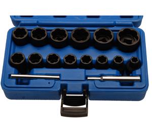 Twist Socket Set (Spiral Profile) / Screw Extractor | 12.5 mm (1/2") Drive | 8 - 27 mm | 16 pcs.