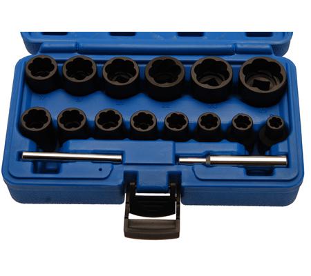 Twist Socket Set (Spiral Profile) / Screw Extractor | 12.5 mm (1/2") Drive | 8 - 27 mm | 16 pcs.
