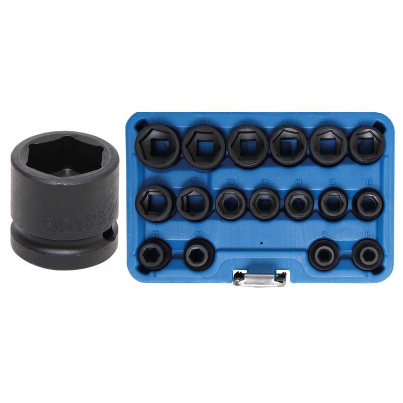 Impact Socket Set, Hexagon, extra flat | 12.5 mm (1/2") Drive | 8 - 24 mm | 17 pcs.