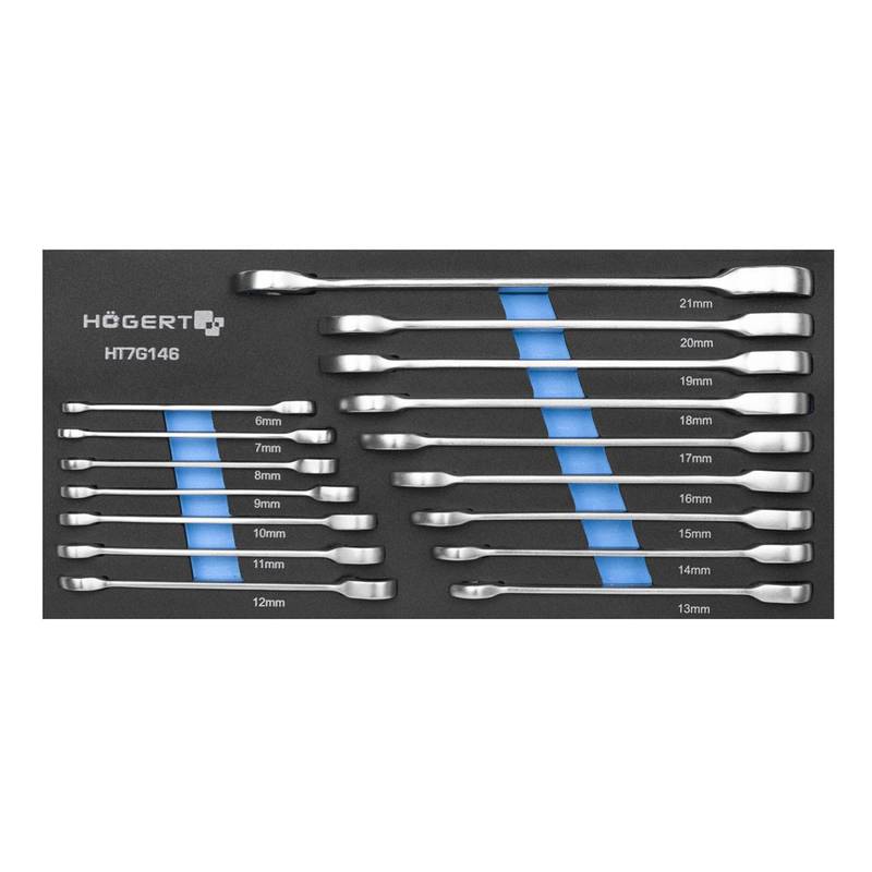 Combination ratchet spanner, set 16 pcs, technical foam