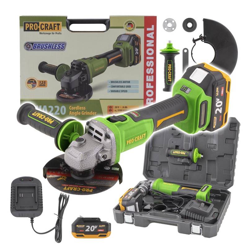 Cordless Angle Grinder Procraft PWA220, 125 mm, 20V 4Ah