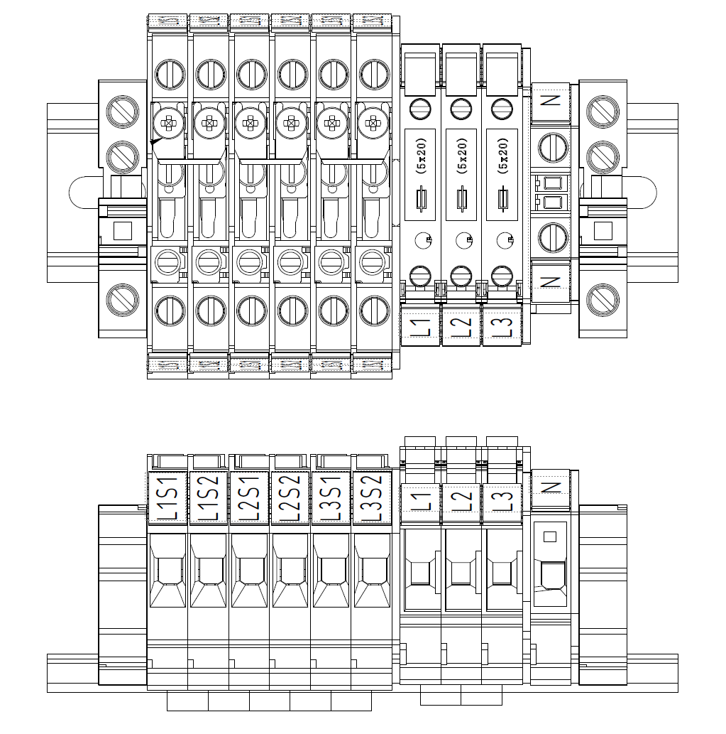 Assembled test terminal block, without sealable cover