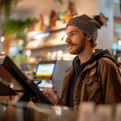 Image of a man using a payment terminal making a payment in a cafe