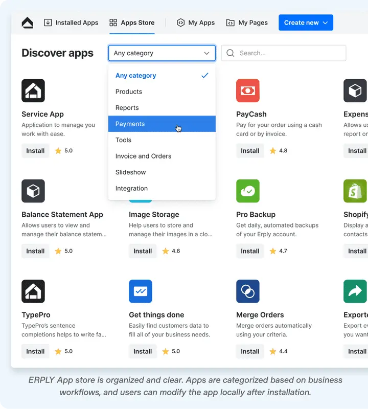 Image that shows Erply's app store with features like filtering and search