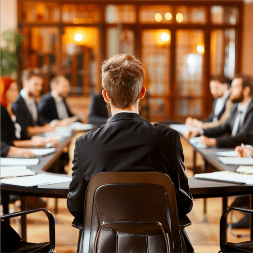 Image of man sitting at a meeting at a round table with other people sitting in the distance