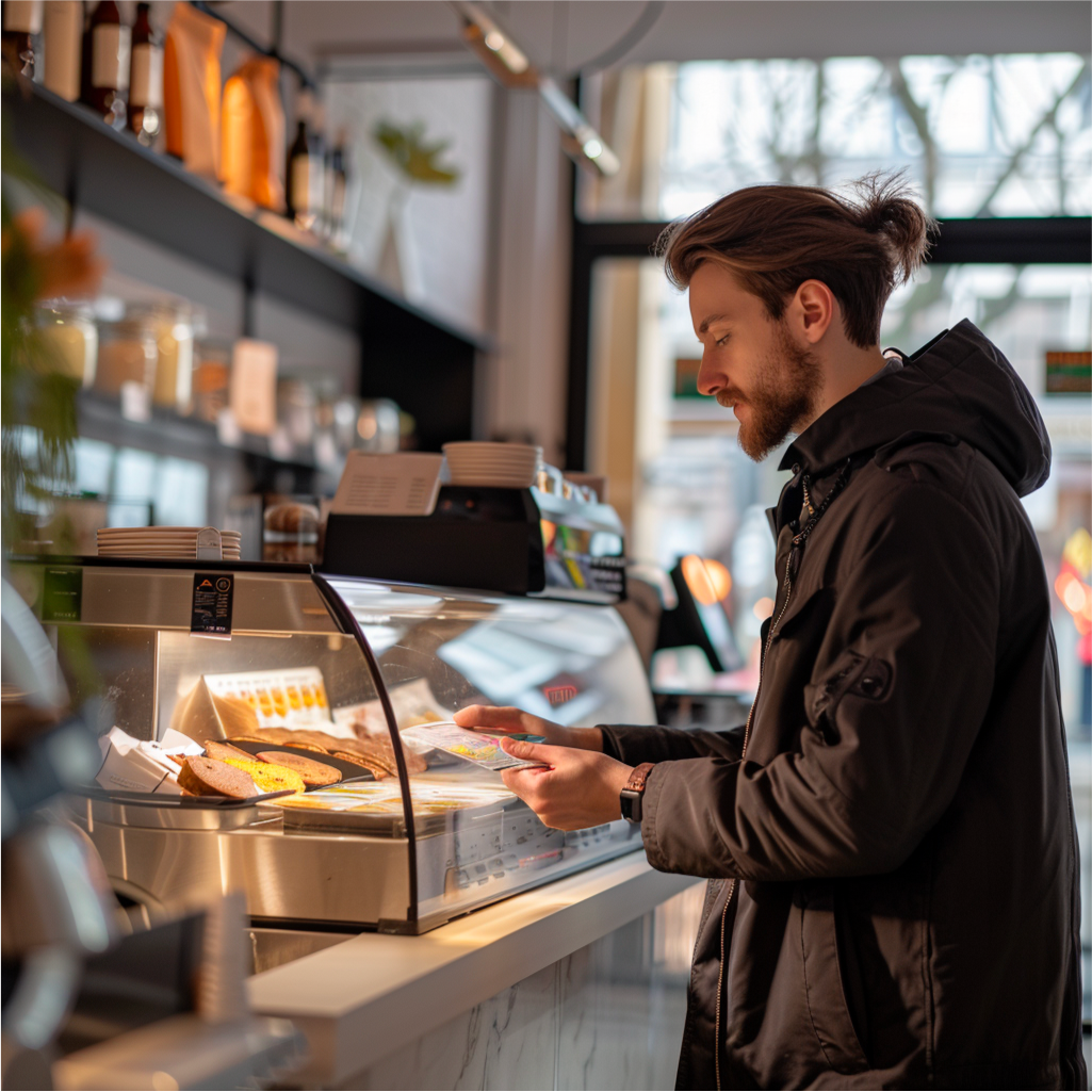 Image of a person in a cafe using a payment terminal