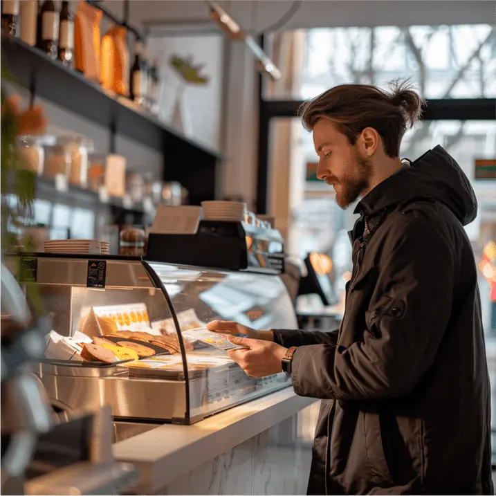 Image of a person in a cafe using a payment terminal