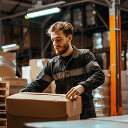 Image of a man carrying a box in a warehouse