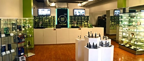 Interior of a vape store with products on the shelves