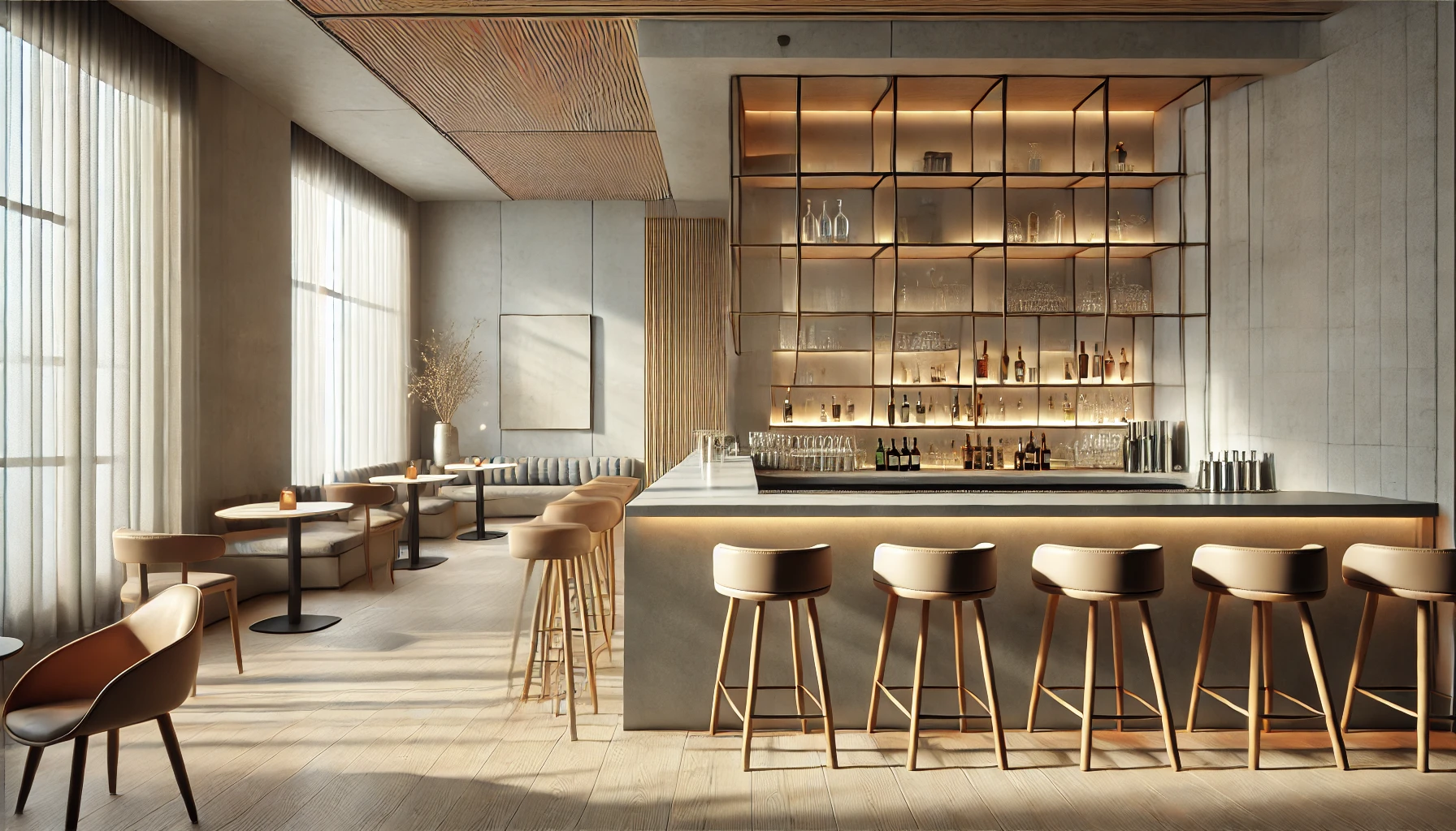 A photorealistic image of a modern bar interior, featuring a minimalistic design with soft neutral tones. The space is well-lit with natural light coming through large, clean windows, creating a warm and inviting atmosphere. The bar counter is sleek, with a polished concrete surface and wooden accents, complemented by subtle metallic fixtures. The back wall displays an arrangement of geometric shelving with neutral-colored decor elements, like glassware and plants. The seating includes minimalist stools with leather cushions, arranged neatly along the bar. The flooring is light wood, harmonizing with the overall muted palette. Soft shadows and diffused lighting add depth and a cozy ambiance. Created using: ultra-realistic rendering, neutral color palette, soft lighting, minimalist design element