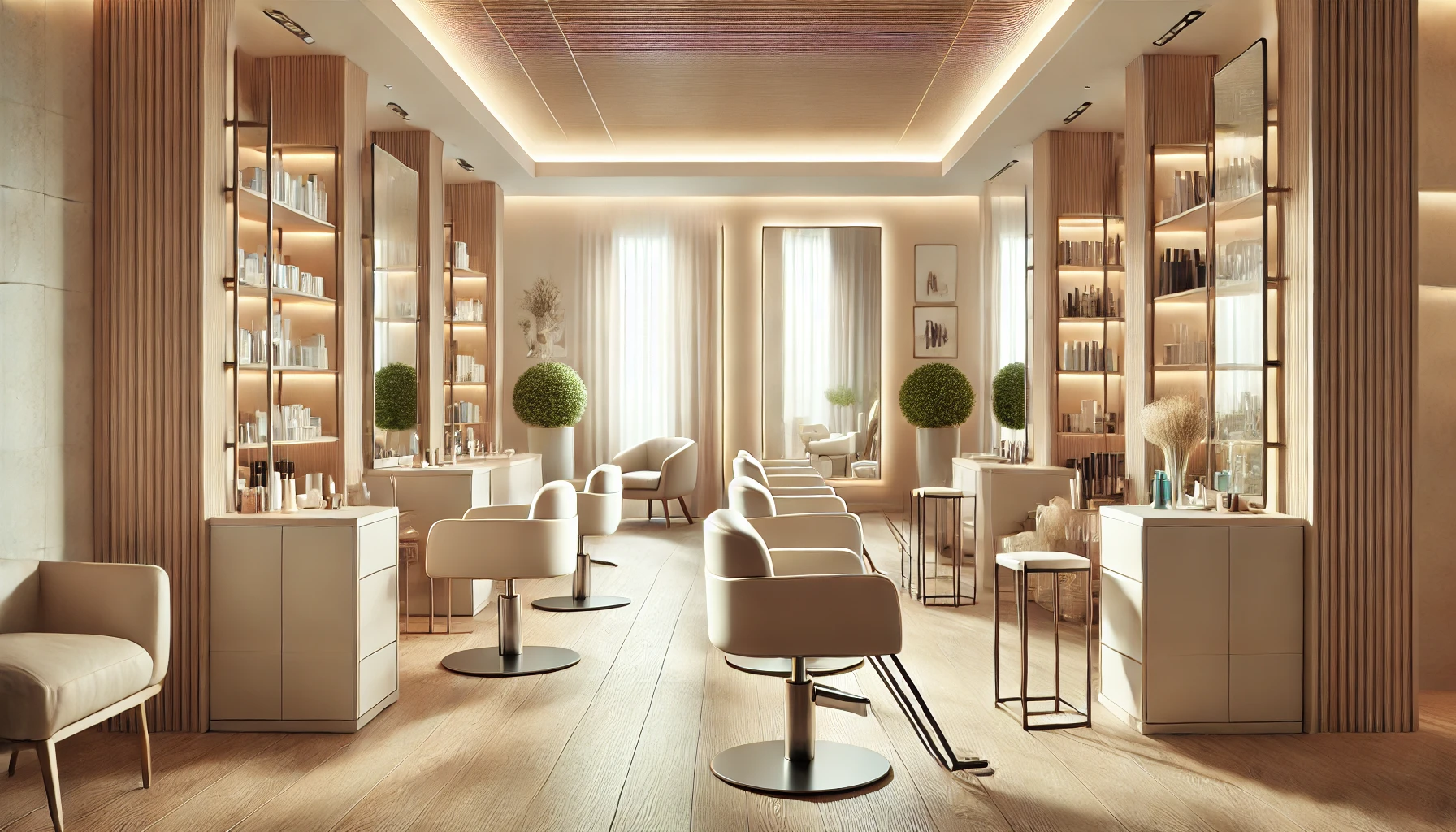 Elegant salon interior with a point of sale system on the counter, featuring a touchscreen display, card reader, and receipt printer, seamlessly managing appointments and payments in a stylish environment.