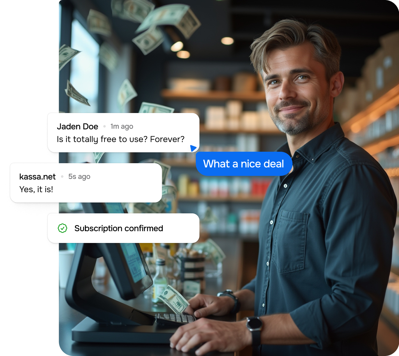 Smiling business owner behind the counter with a cash register, surrounded by floating dollar bills, displaying confirmation messages and a positive customer review.