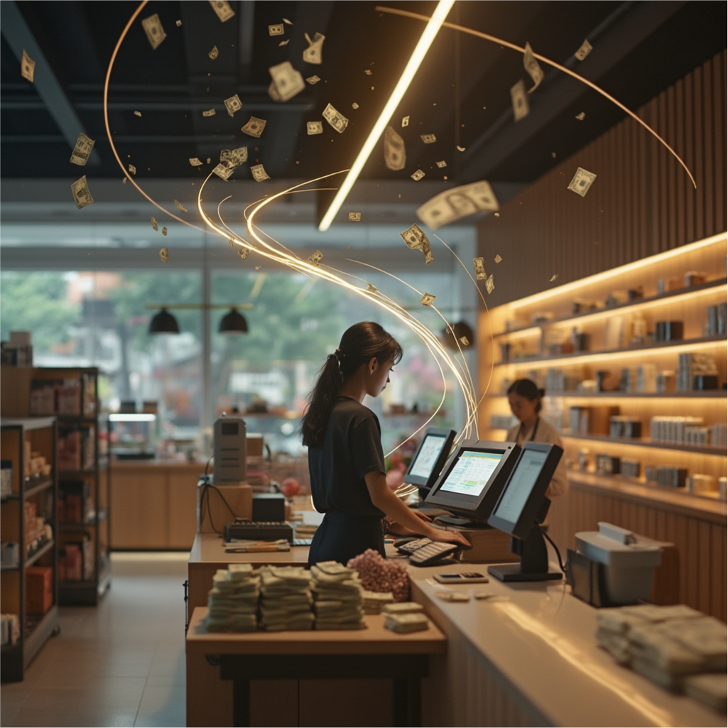 Image of a modern retail store with a cashier working at a digital point-of-sale system, surrounded by glowing light trails and floating dollar bills, symbolizing financial growth and technology integration.